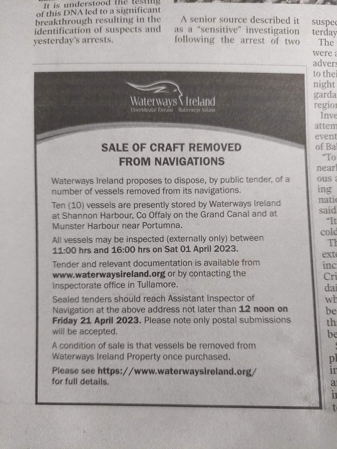 2023 04 Waterways Ireland boat removal and auction