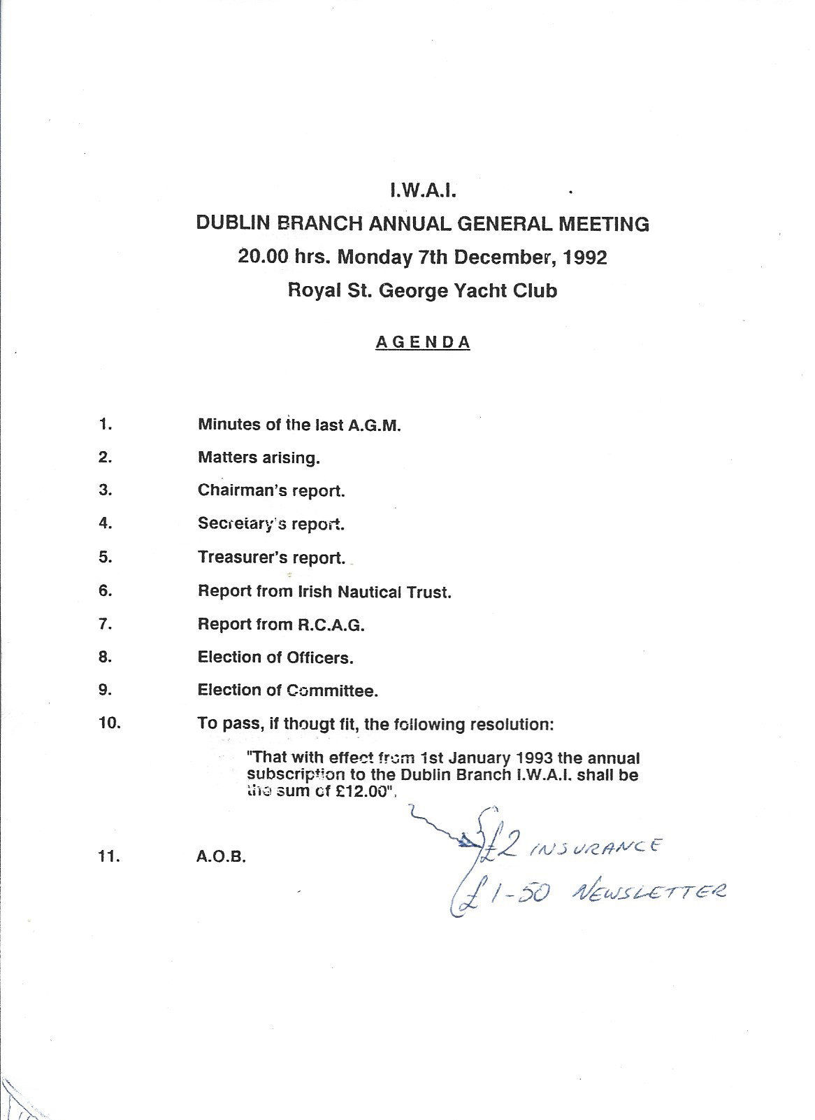 1992 12 07th Royal Canal Amenity Group AGM Agenda