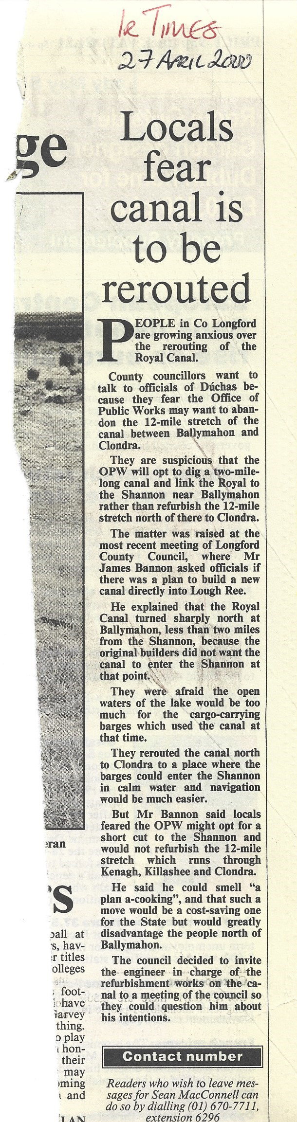 2000 04 27th Irish Times Royal Canal Clondra rerouting