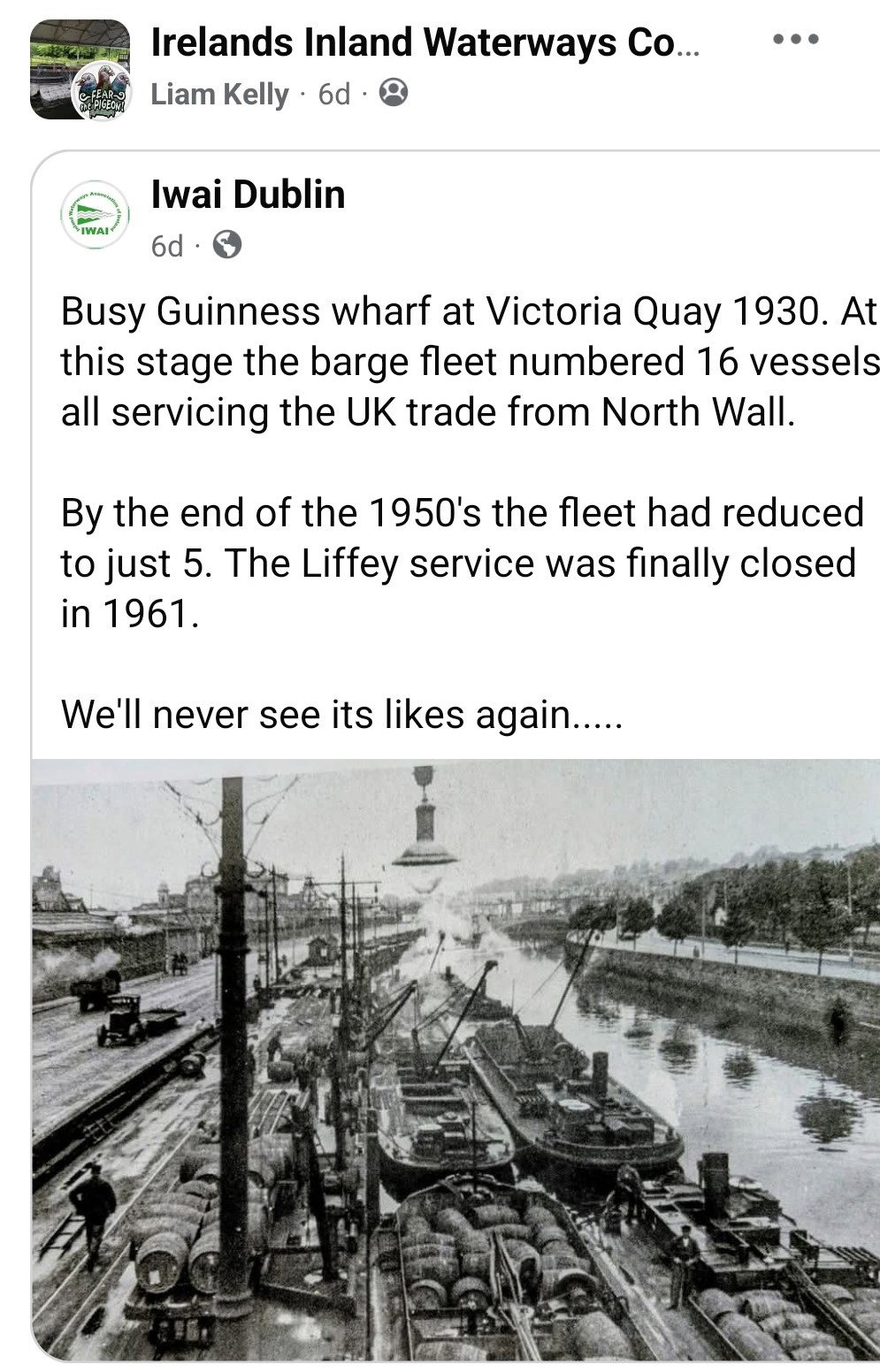 1930s River Liffey Guinness barges at Victoria Quay from Facebook