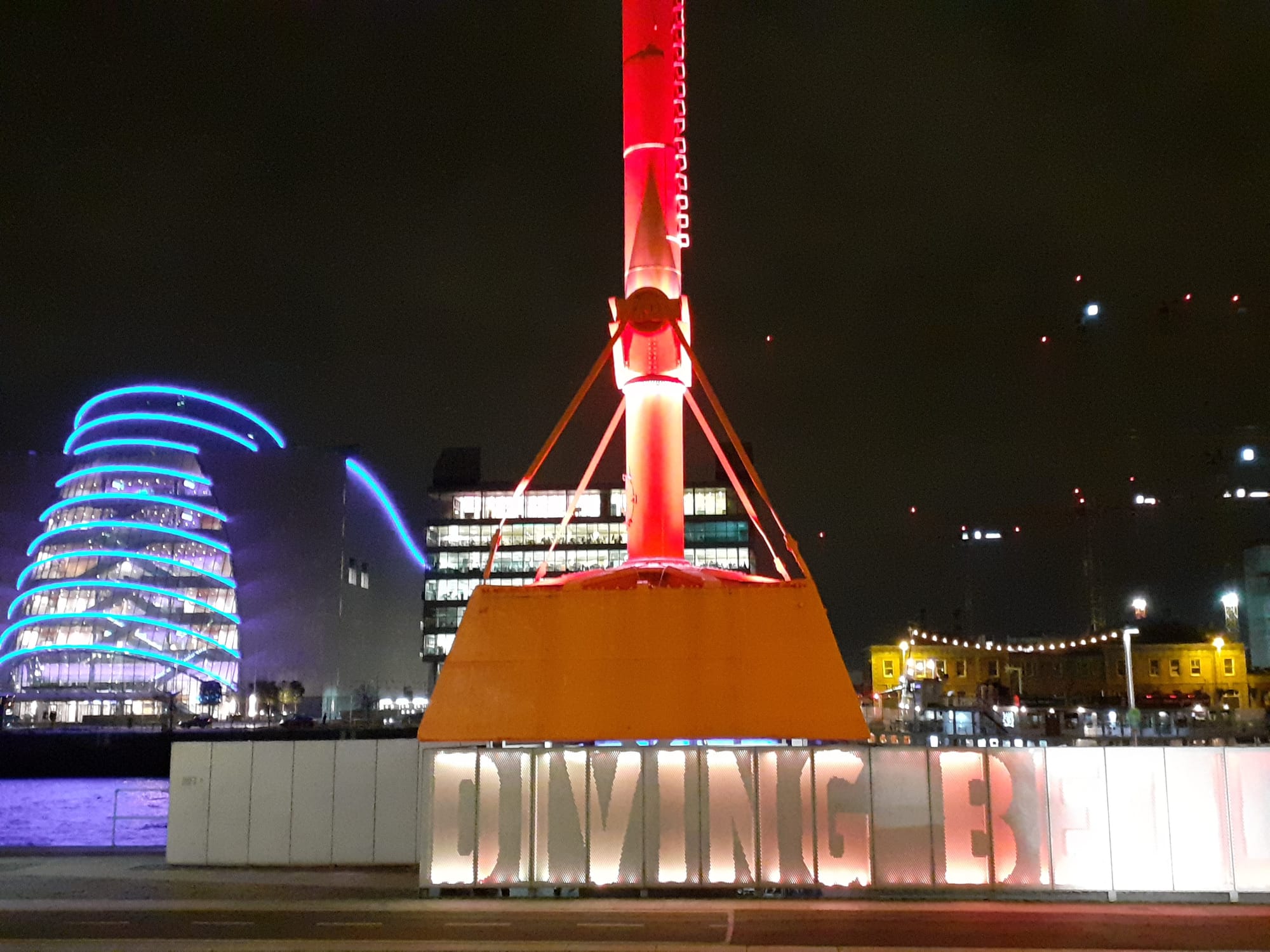 2019 10 30th River Liffey Dublin, diving bell by night with conference centre behind