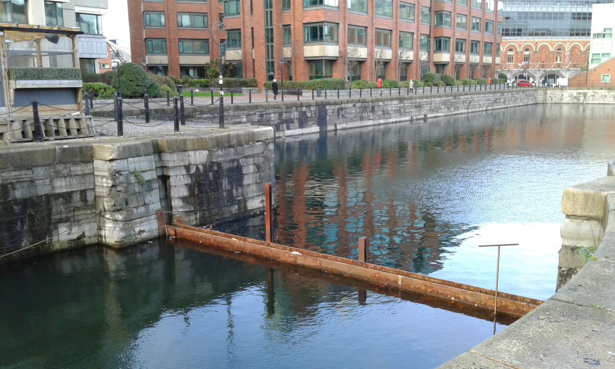 2016 12 19th Georges Dock Dublin inner dock, lock gates removed, permanent dam in place