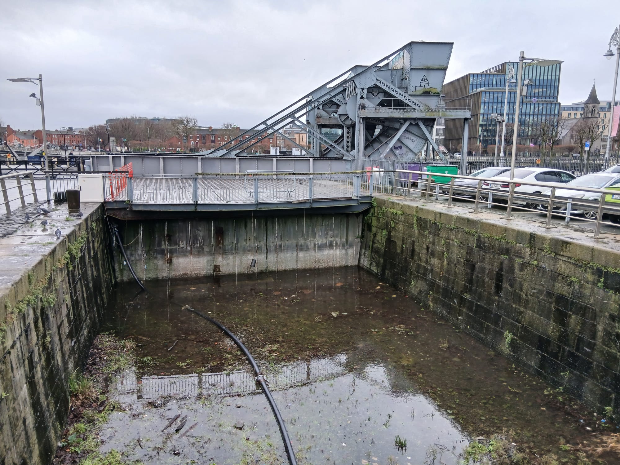 2026 01 29th River Liffey Dublin, Georges Dock, Scherzer lifting bridge and lock entrance from River Liffey
