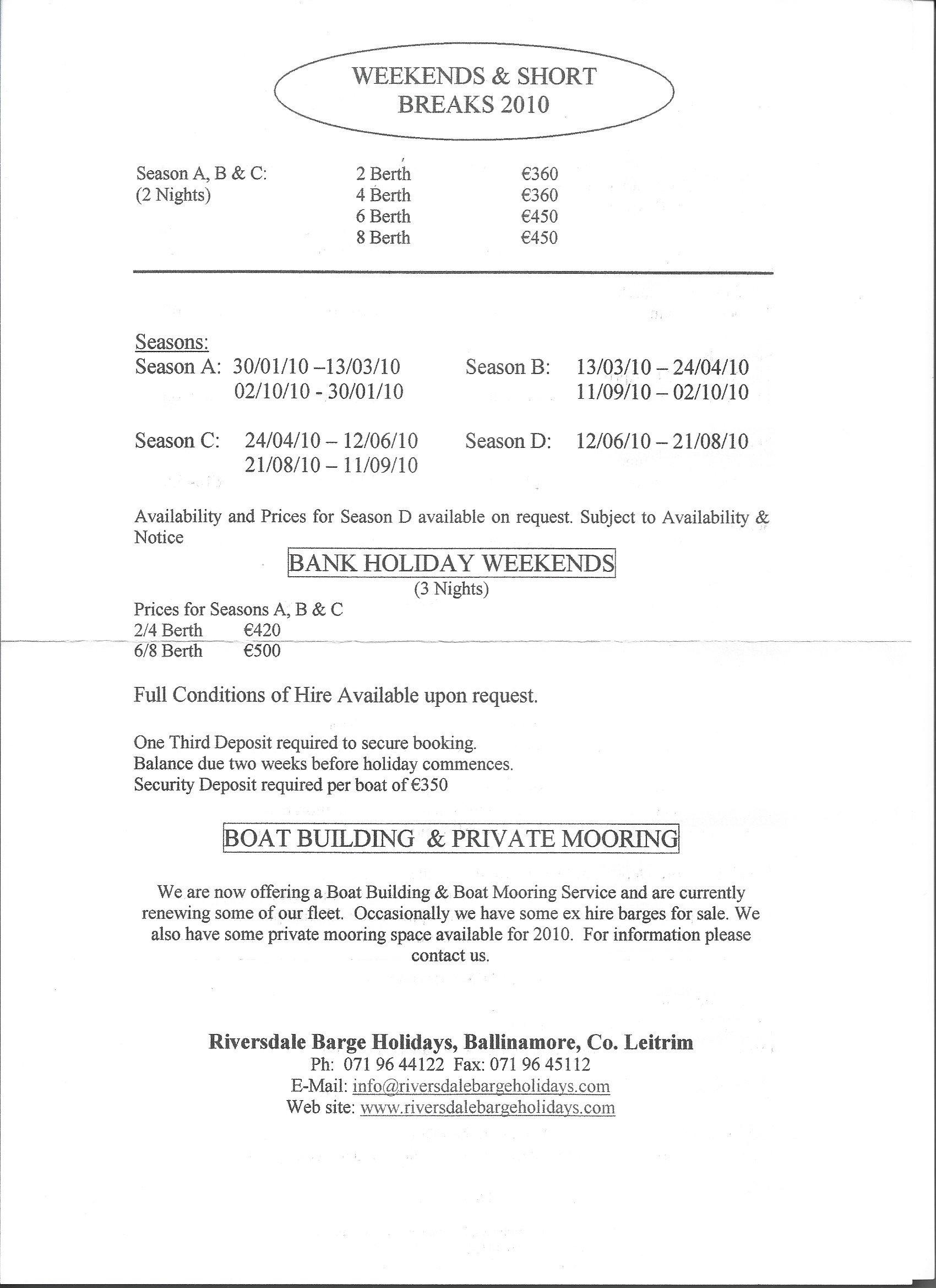 2010 Ballinamore Leitrim, Riversdale Barge Hire prices