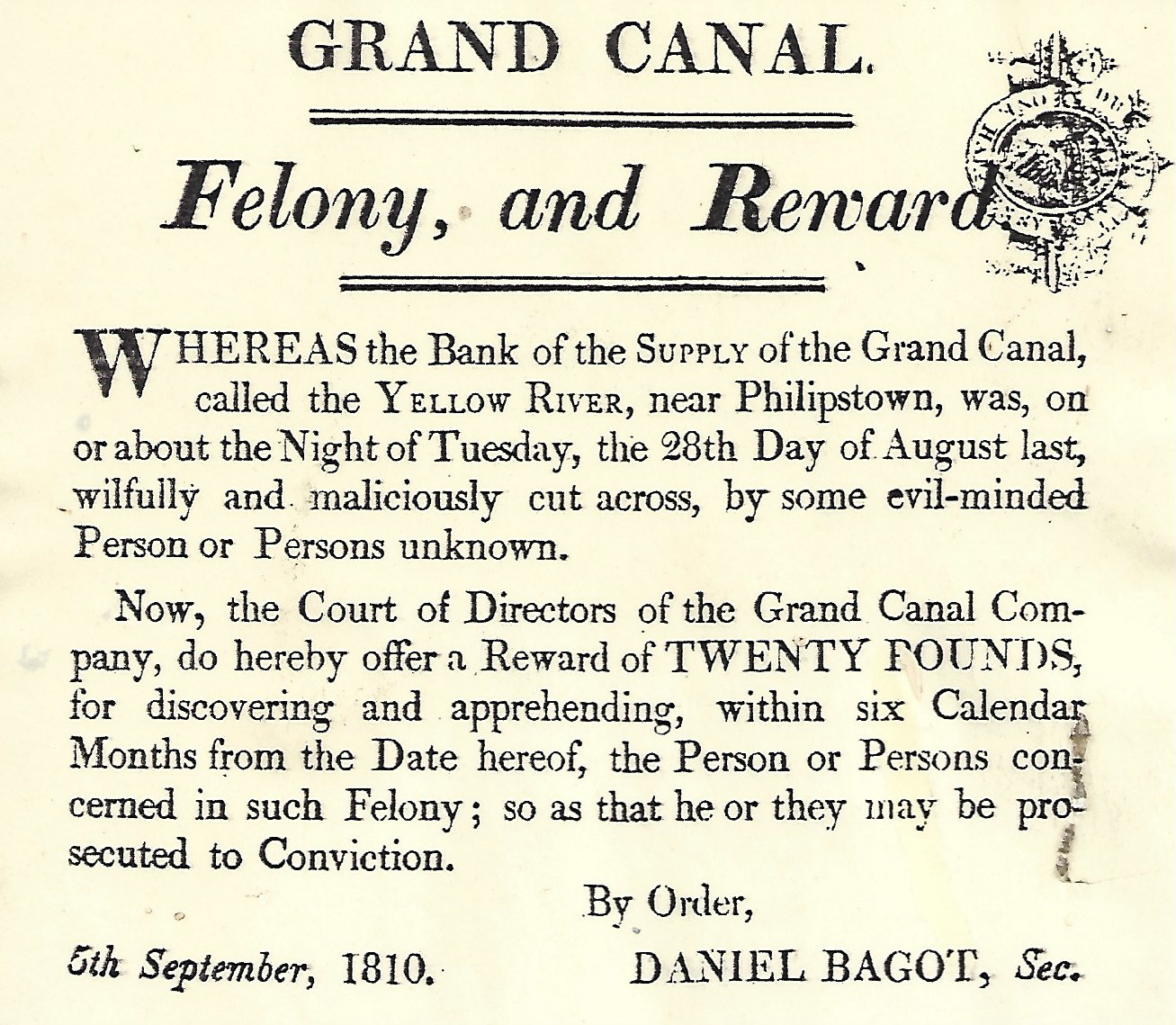 1810 09 05th Grand Canal Philipstown (now named Daingean) bank damaged