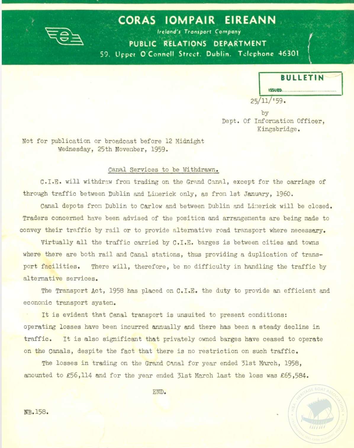 1959 11 25th CIE formal notice of the closing of the Grand Canal to commercial traffic