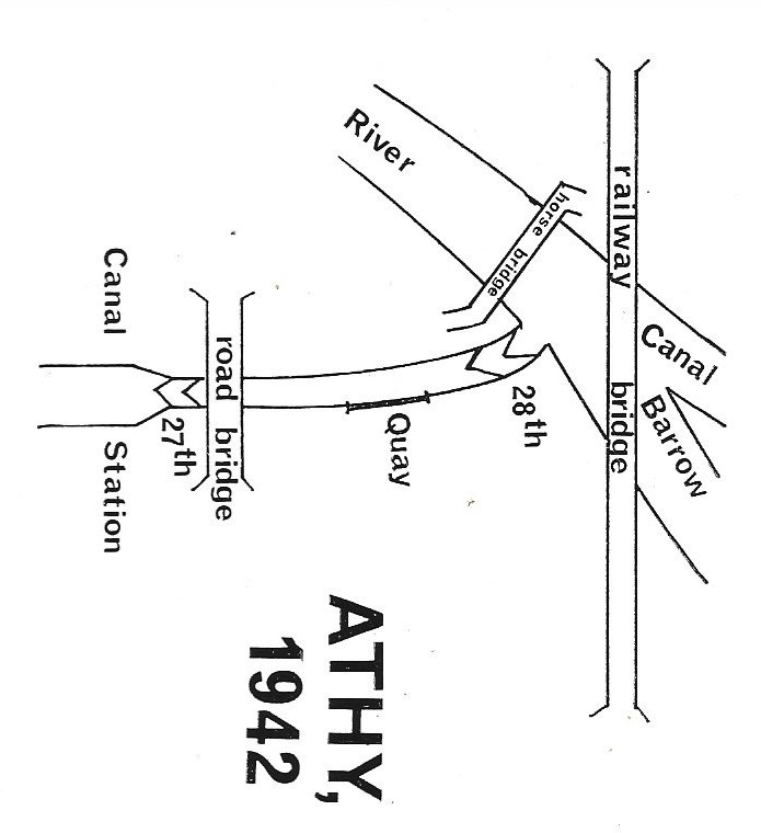 1942 Grand Canal Athy map by Gerard Darcy, showing Grand Canal Lock 28 drop into flowing River Barrow Navigation
