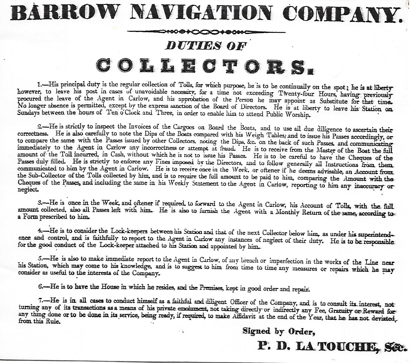 1840 Barrow River and Navigation, Duties of Collectors