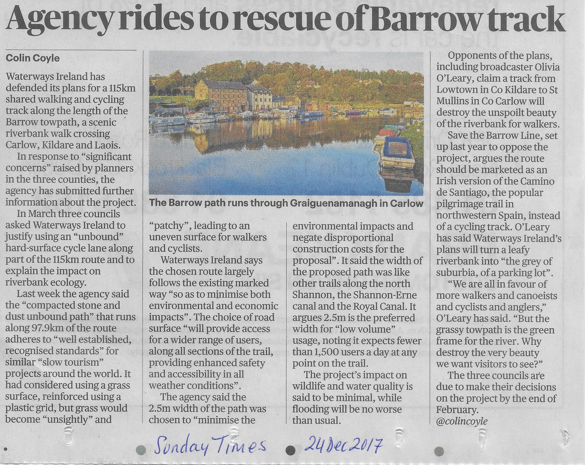 2017 12 24th Sunday Times River Barrow greenway works