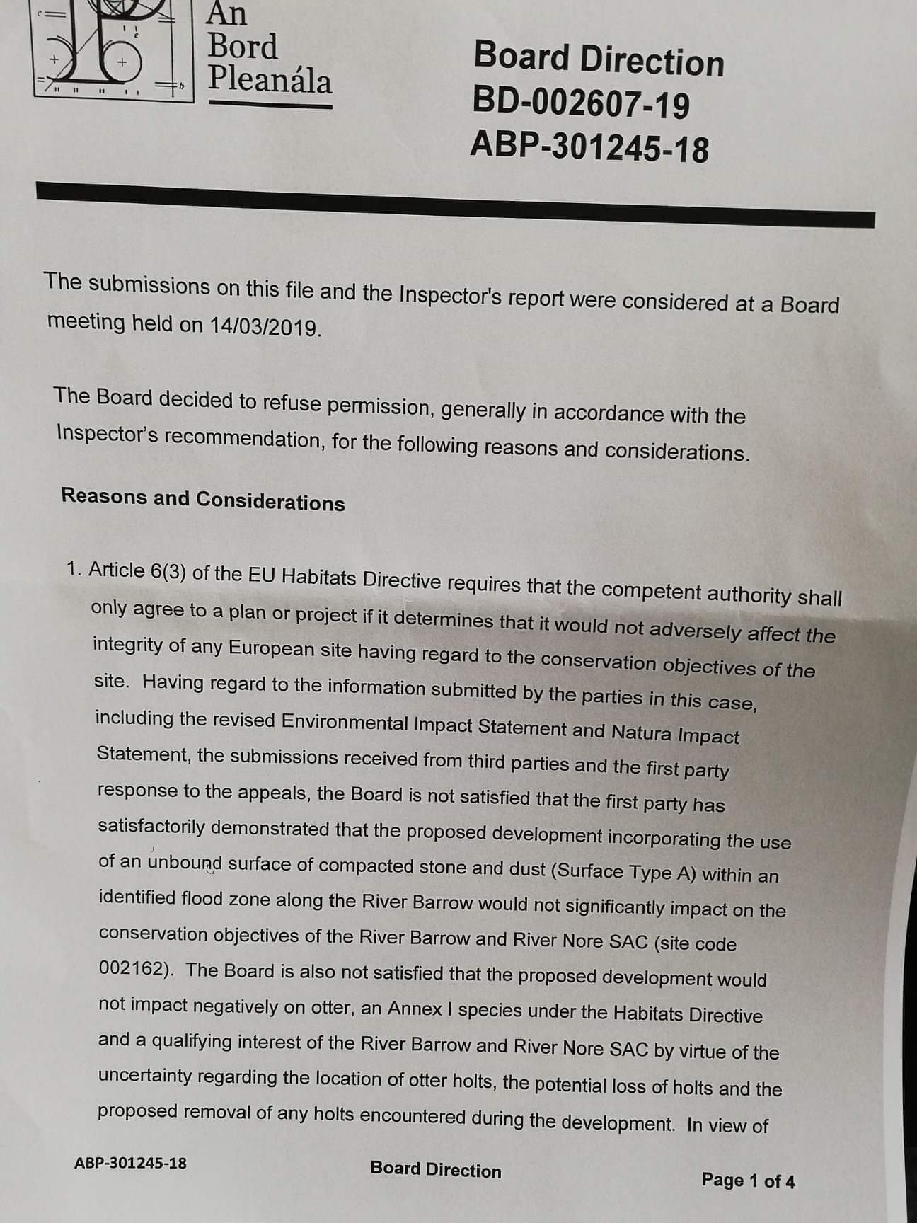 2019 03 River Barrow Greenway, An Bord Pleannala, Refusal