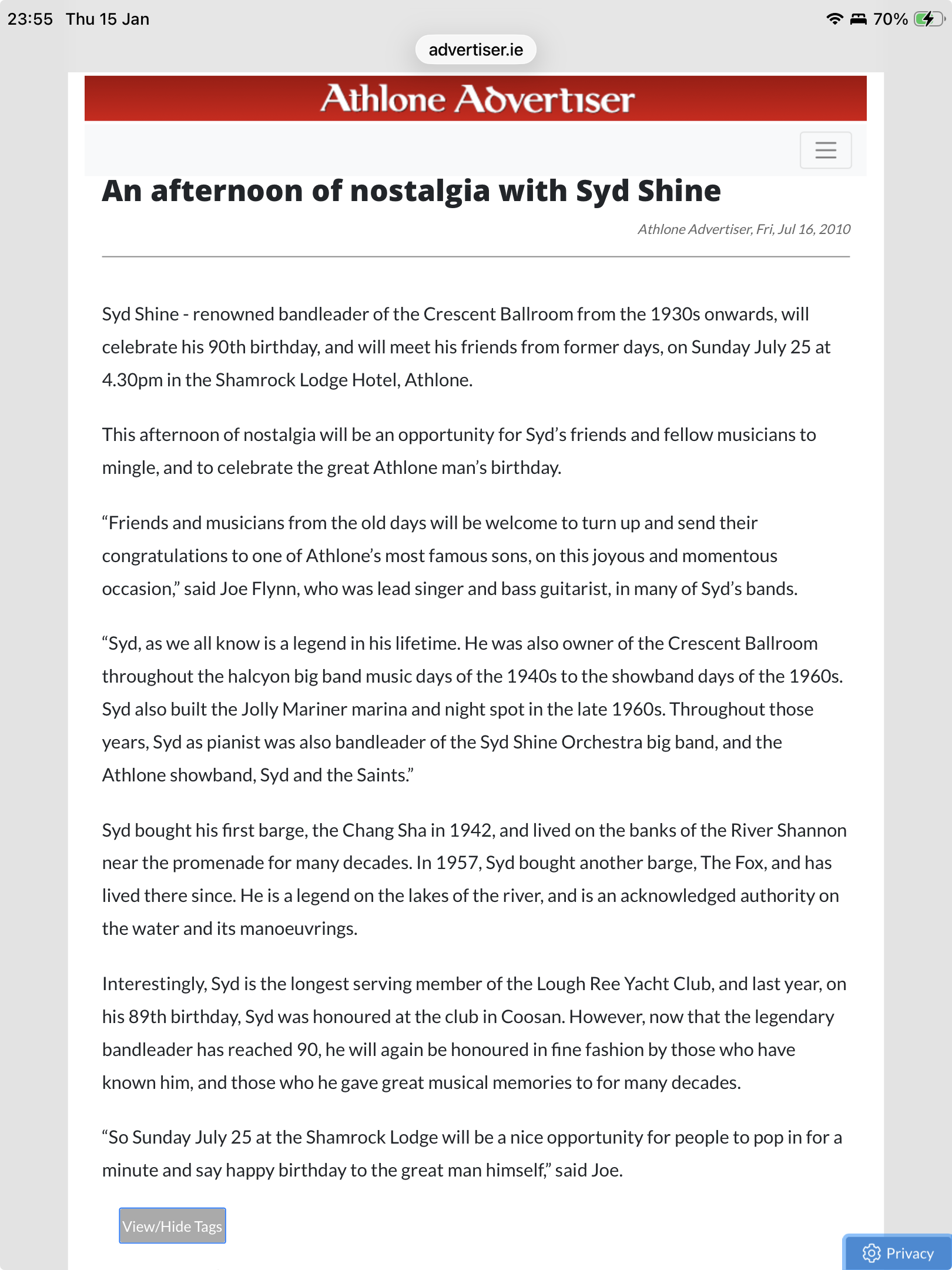 2010 107 16th Athlone Advertiser Sid Shine evening