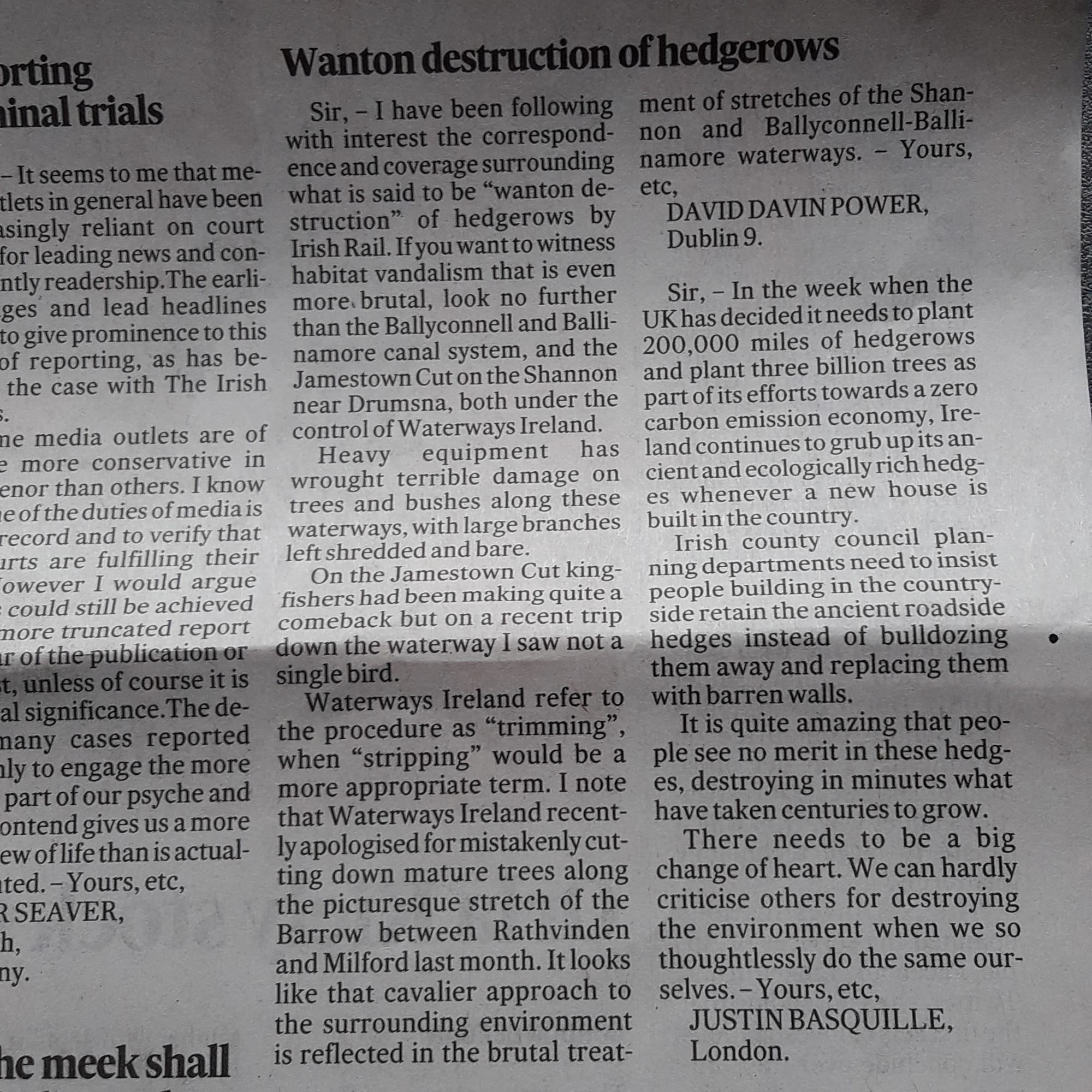 2019 05 06th Irish Times letter about tree cutting along waterways
