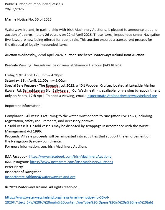 2026 03 20th Marine Notice 36 Public Auction of Impounded Vessels