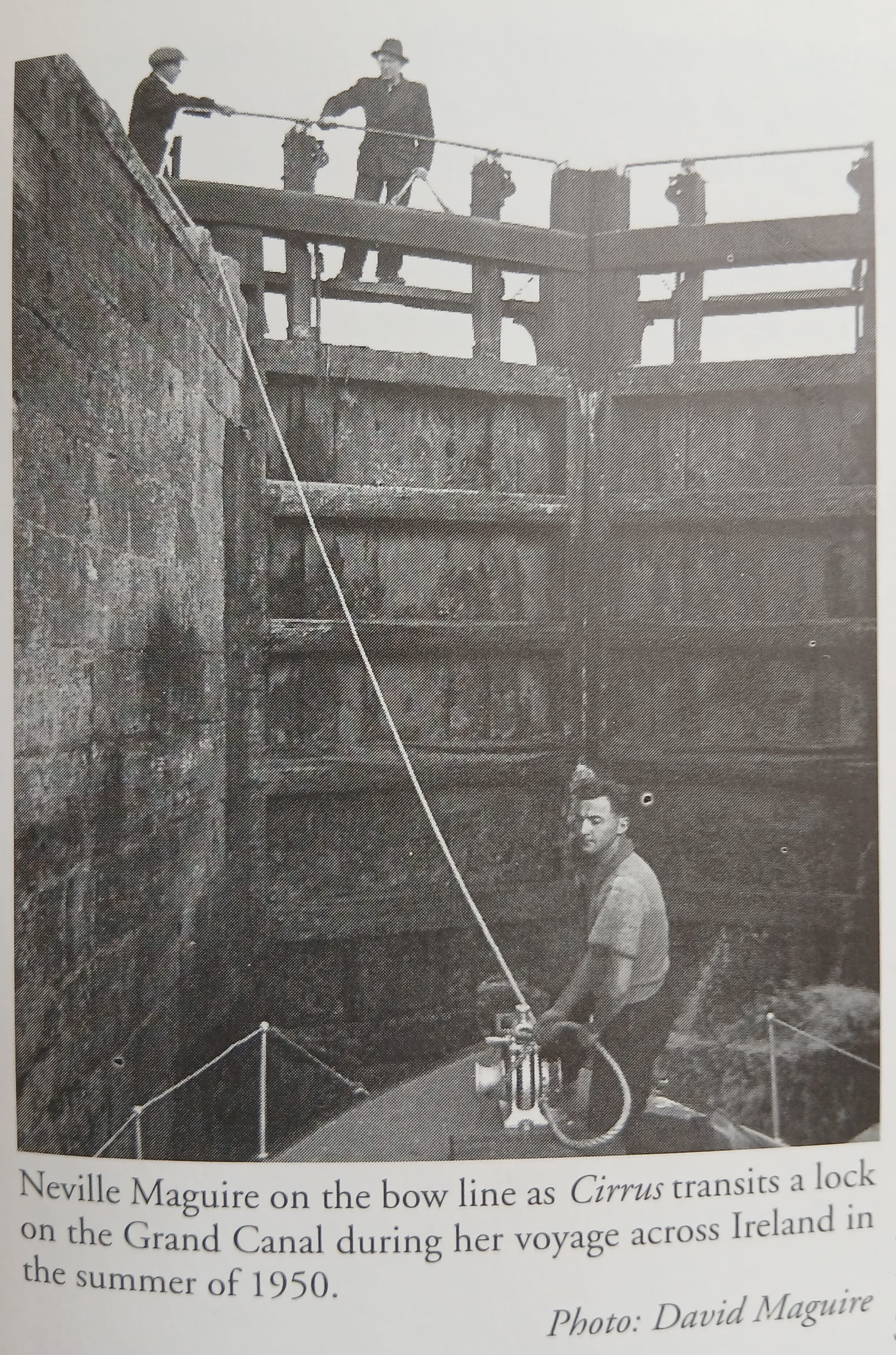 1950s wooden boat Cirrus with Neville Maguire from Howth at a Grand Canal lock, from W.M.Nixon book Howth a Centenary of Sailing