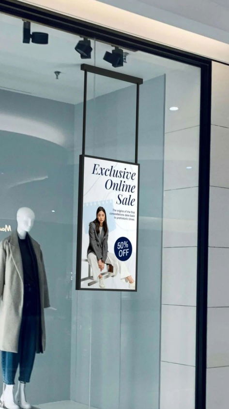 Tela LCD Full HD 55" para vitrines com suporte de teto – Brilho 2500 nits