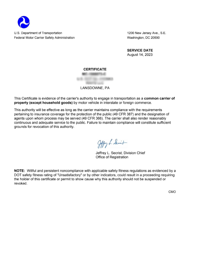 Lansdowne, PA — FMCSA Operating Authority for Sale — $4,000