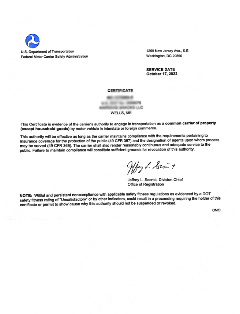 Wells, ME — FMCSA Operating Authority for Sale — $3,200