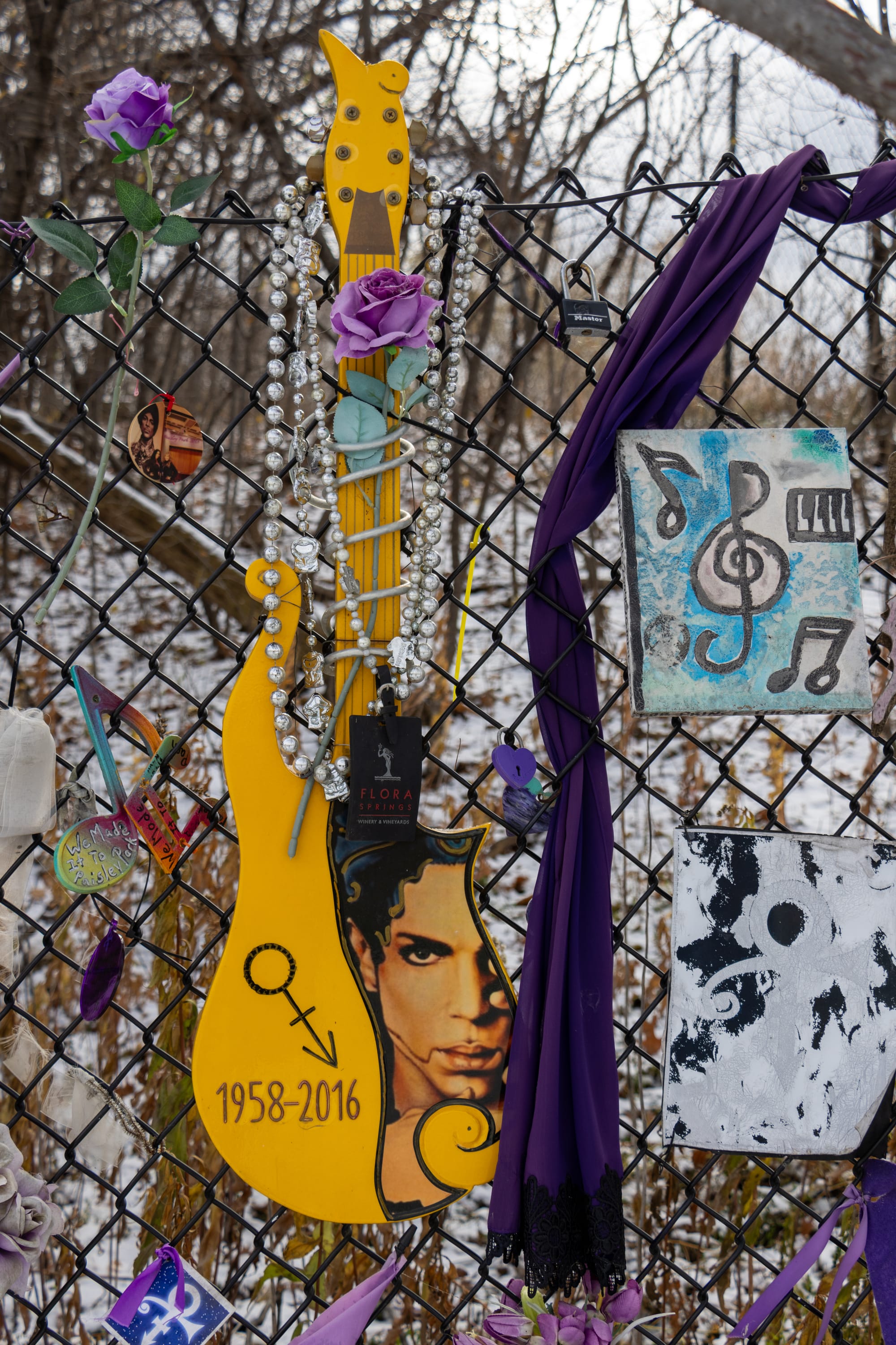 The memorial fence outside Prince's Paisley Park estate in Chanhassen, Minnesota