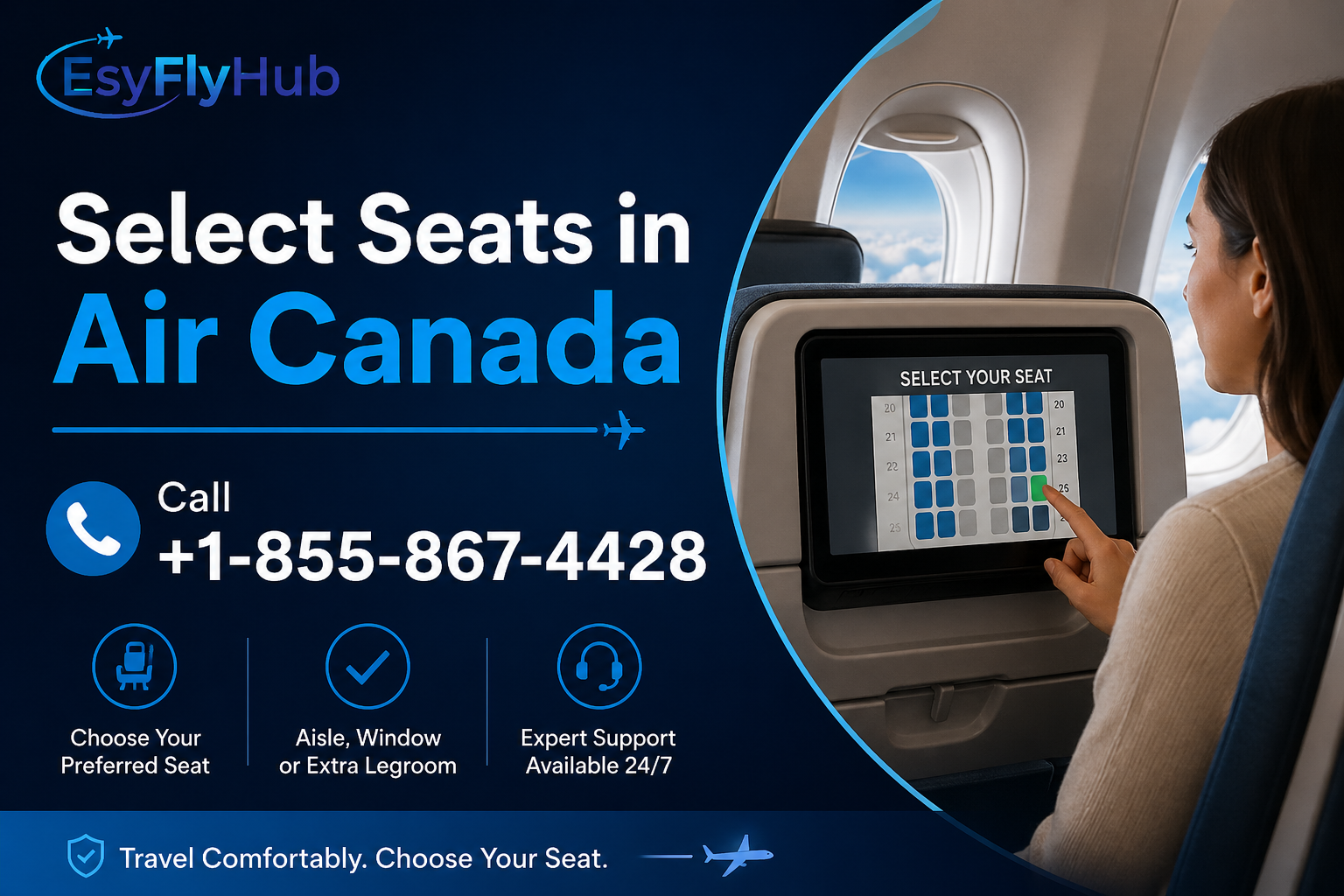 Woman selecting a seat on an airplane screen, text prompts seat selection for Air Canada. Call +1-855-867-4428 for assistance.
