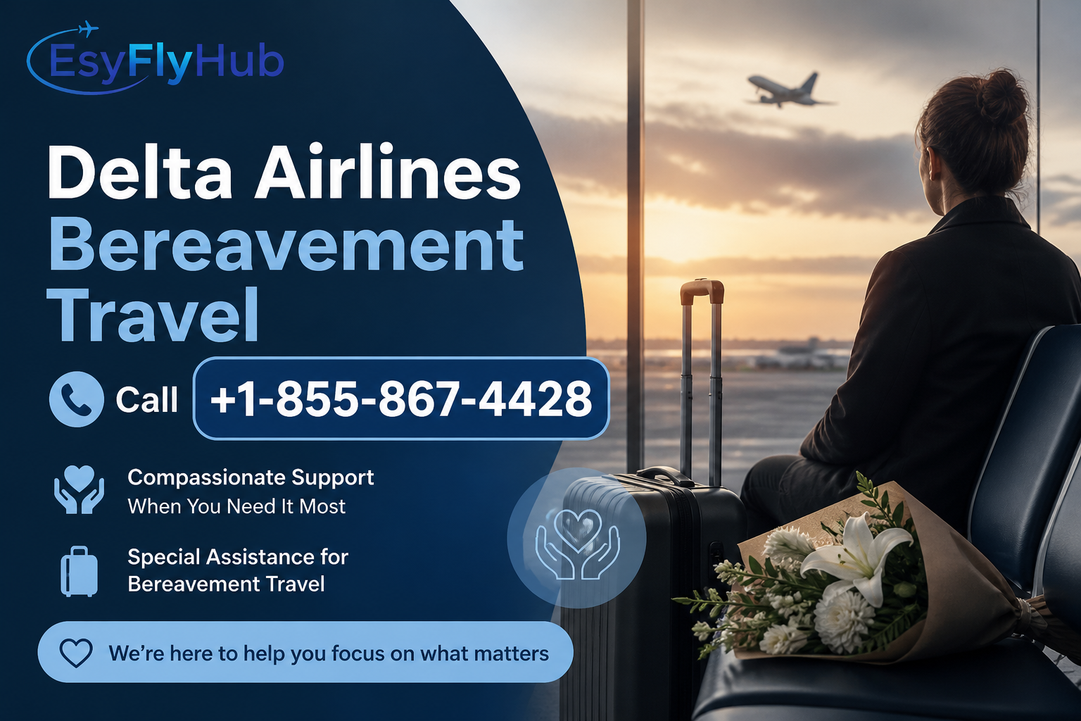 Woman with luggage and flowers at airport window, sunset view. Text: Delta Airlines Bereavement Travel, support number +1-855-867-4428.