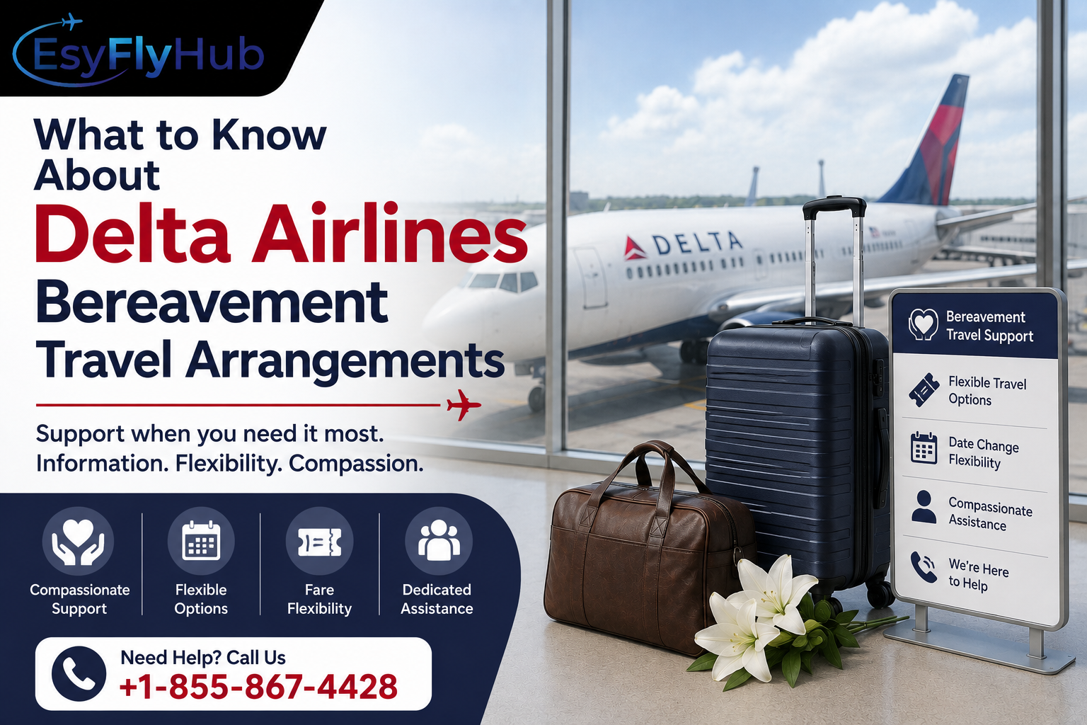 EsyFlyHub informational banner about Delta Airlines bereavement travel arrangements, featuring airport terminal, luggage, support icons, compassionate assistance details, flexibility options, and help contact.