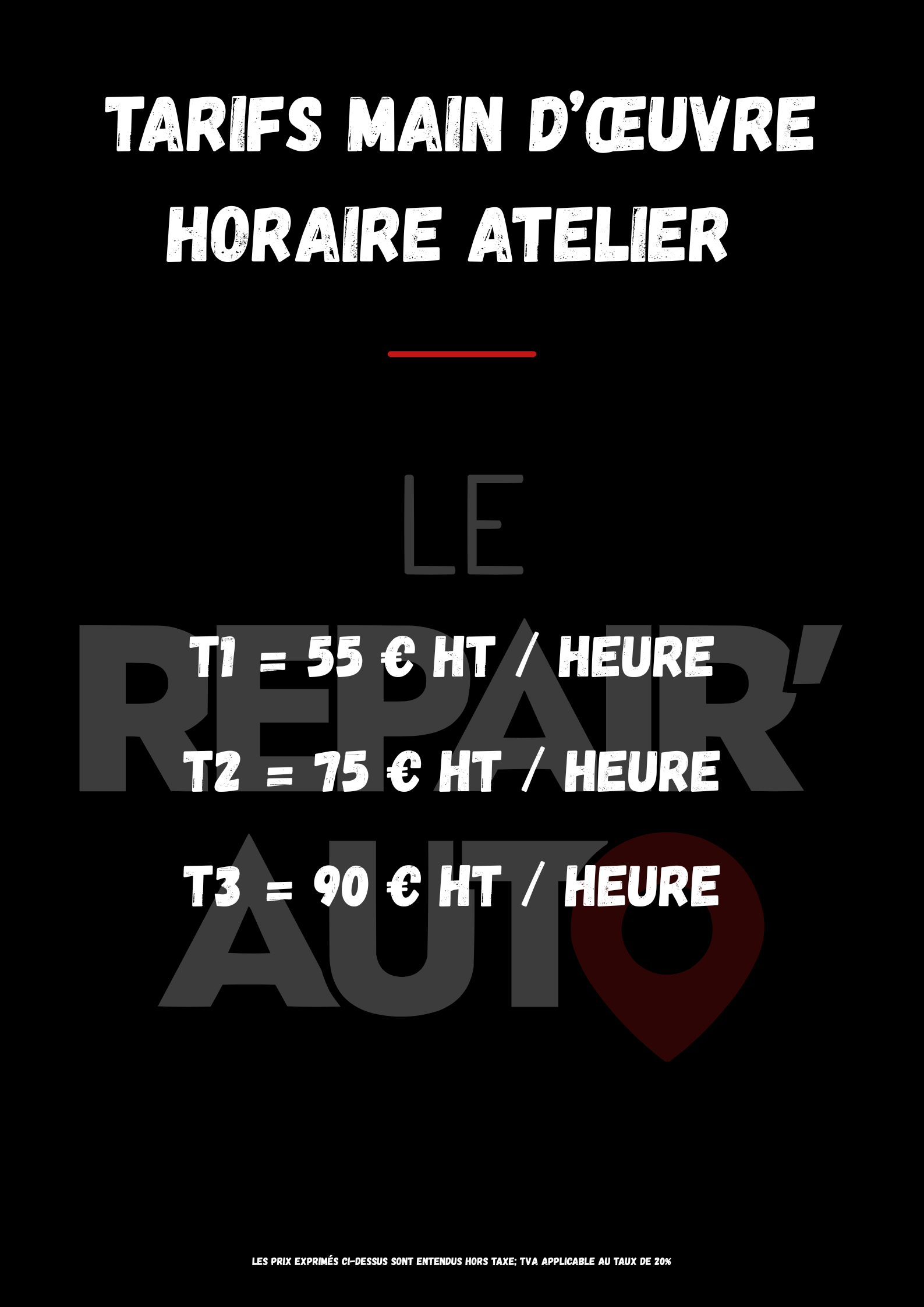 Tarifs mains d'œuvre atelier