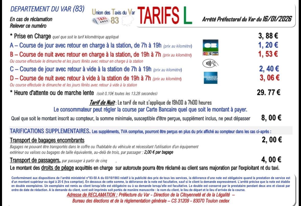 Tarifs préfectoraux Taxis du Var