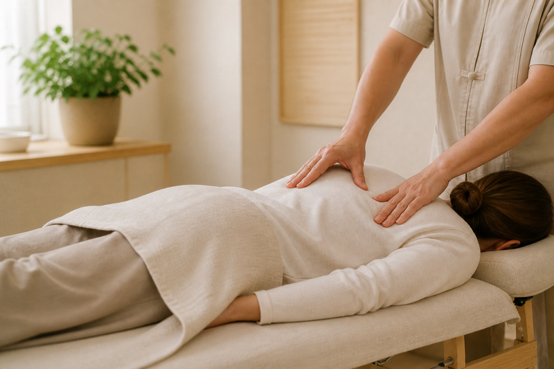 Behandelaar voert een rustige Tui Na-massage uit in een warme praktijkruimte