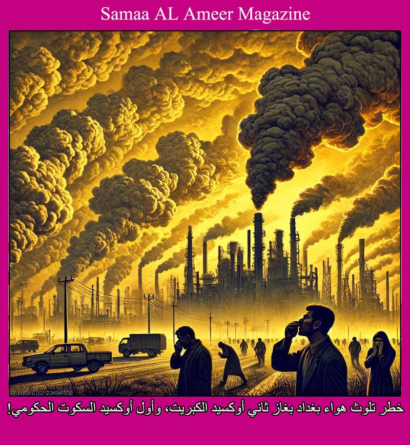 خطر تلوث هواء بغداد بغاز ثاني أوكسيد الكبريت، وأول أوكسيد السكوت الحكومي!/ بالذكاء الاصطناعي