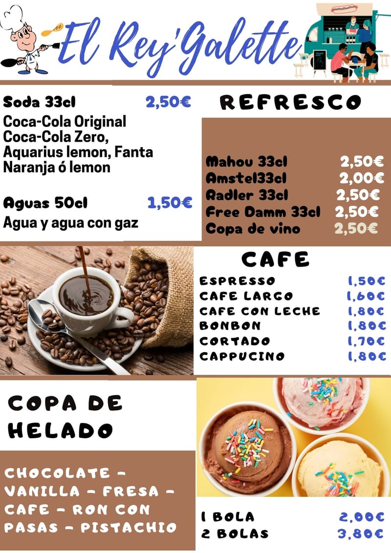 Refrescos, diferentes tipos de café y helados caseros