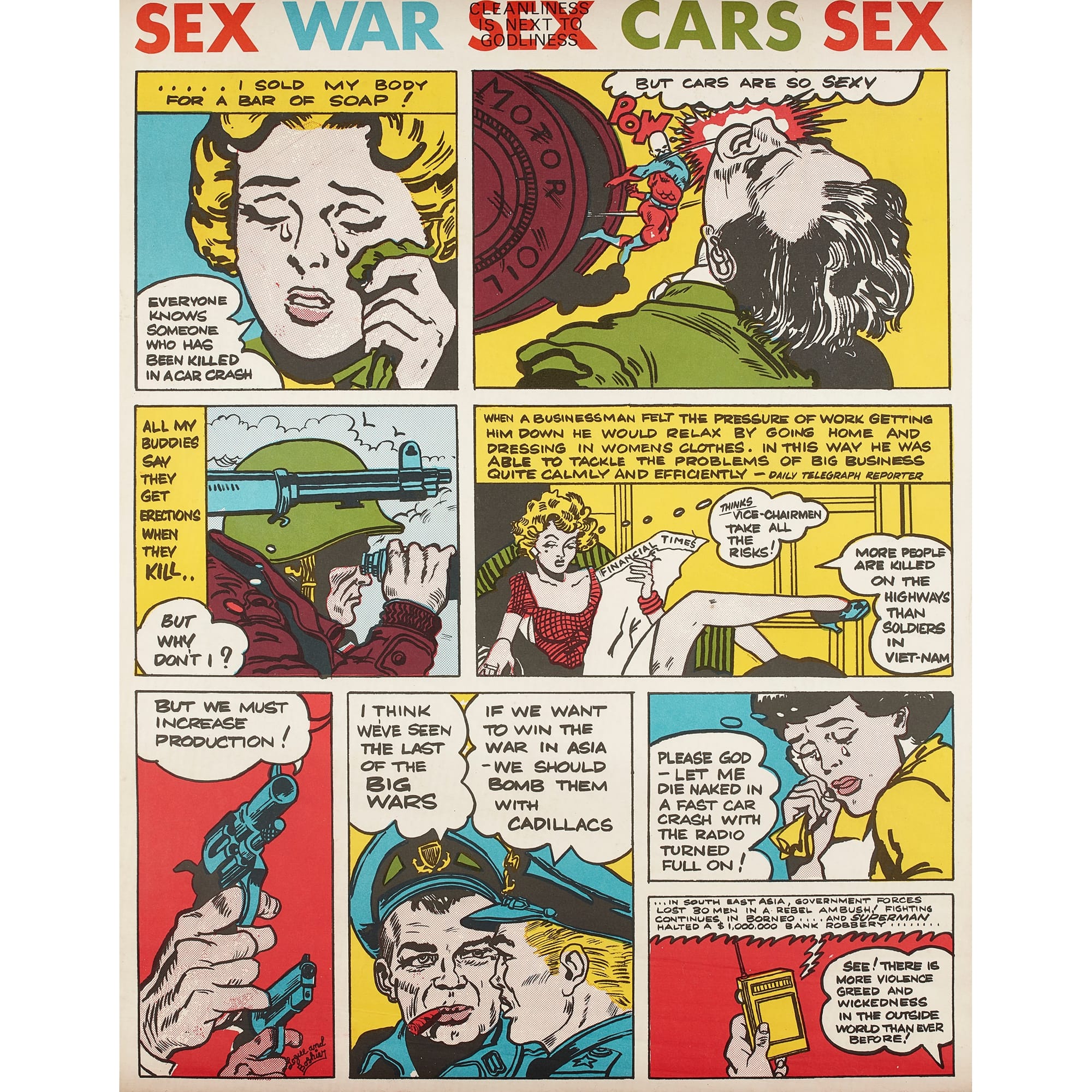 Derek Boshier RA (1937-2024)    ‘Sex War Sex Cars Sex’ off-set lithograph, edition 100, rarely signed, 48cm x 60cm; in conjunction with the poet Christopher Logue CBE (1926-2011)