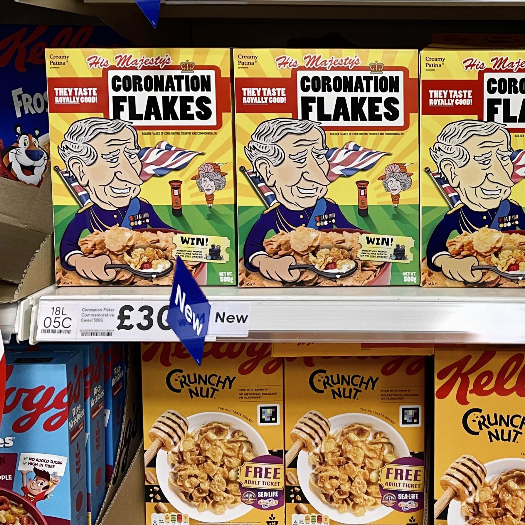 Mr Imran Haq FRCS Eng., FRCS SN (Consultant Spinal Neurosurgeon)   ‘Coronation Cornflakes’, 2023, printed card, Lidl breakfast cereal.
