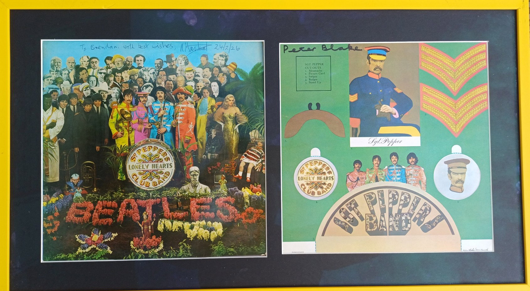 ‘Sgt Pepper’s Lonely Hearts Club Band’ The Beatles, 1967 original disc cover (signed by Nigel Hartnup who took the photo)* and card insert (designed by Peter Blake and Jann Haworth), signed by Peter Blake, from an original idea by Sir Paul McCartney.