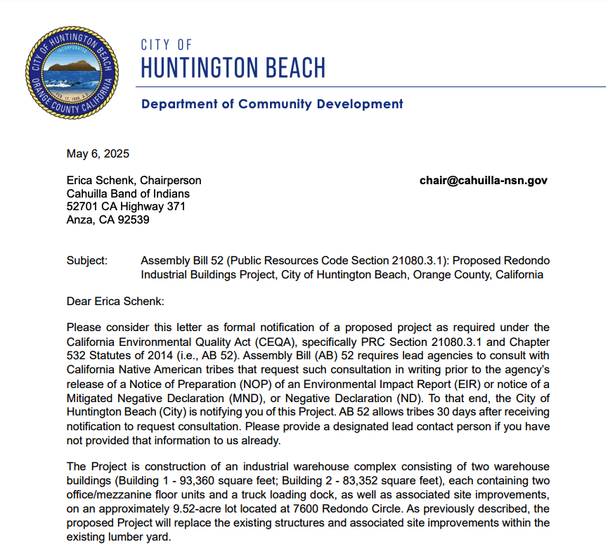 Erica Schenk, Chairperson of Cahuilla Band of Indians Notified of Project in May 2025