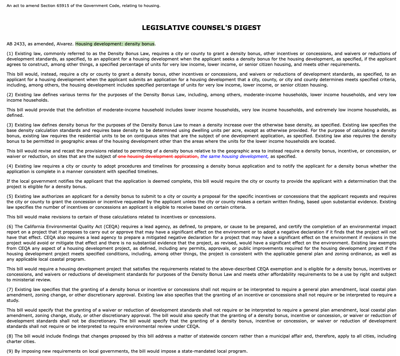 CA Housing development: density bonus. Follow the $$