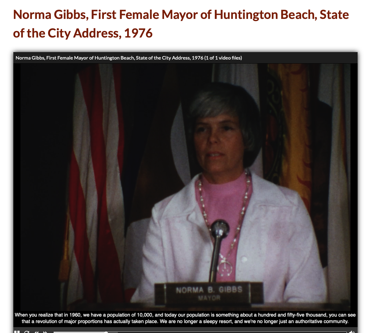 Norma Gibbs, First Female Mayor of Huntington Beach, State of the City Address, 1976