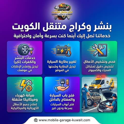 كراج وبنشر متنقل العاصمة الكويت 24/7 — خدمة سيارات سريعة تصل إليك فوراً