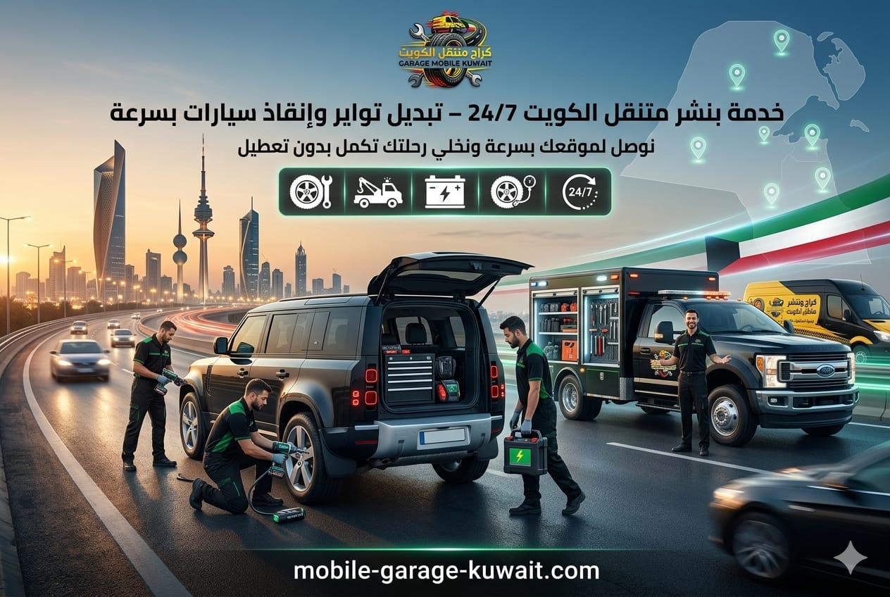 خدمة بنشر متنقل الكويت 24/7 - تبديل تواير وإنقاذ سيارات بسرعة