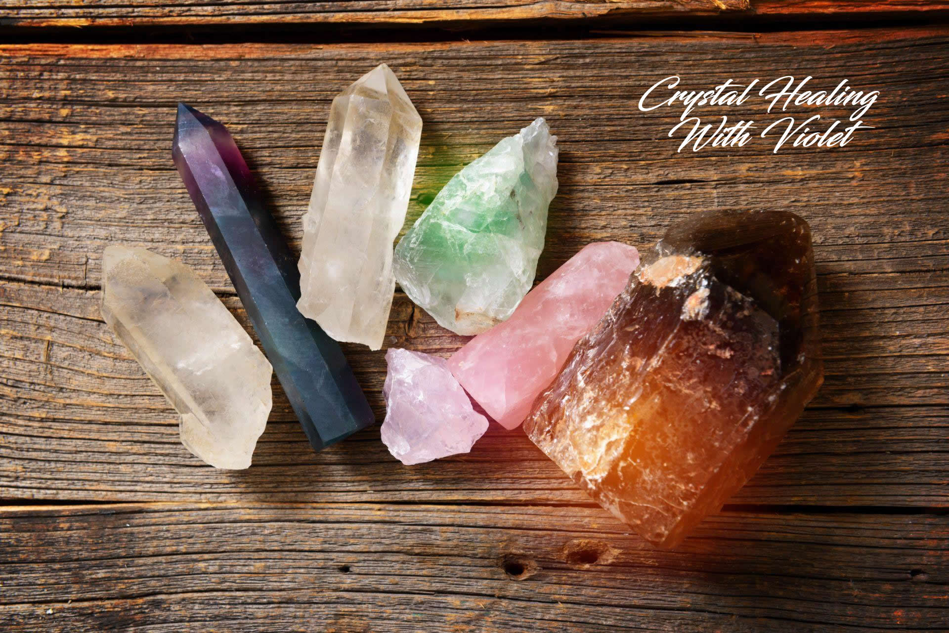 Images of crystals on a wooden table