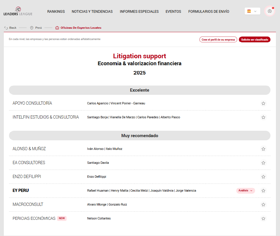 Ranking "Apoyo en Litigios - Economía & Valorización Financiera - Oficinas de Expertos Locales - Perú - 2025"