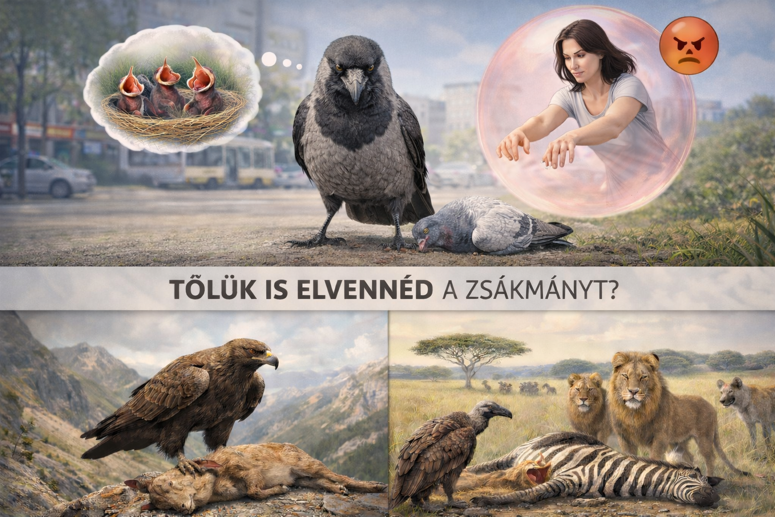 ="Oktató grafika: városi dolmányos varjú egy elhullott galamb felett, fiókáira gondolva, miközben egy ember megpróbálja elzavarni. Alatta egy sas és oroszlán zsákmányszerzése."