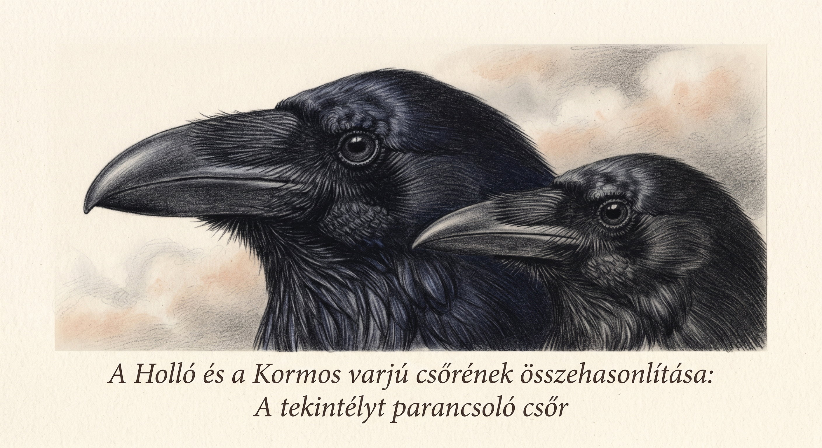 Holló és Kormos varjú fej és csőr összehasonlító illuszráció  ( szén-ceruza)