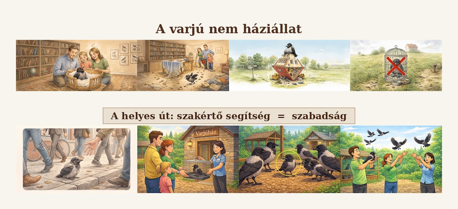 2x4 részes képregény a dolmányos varjú fióka megfelelő ellátásáról