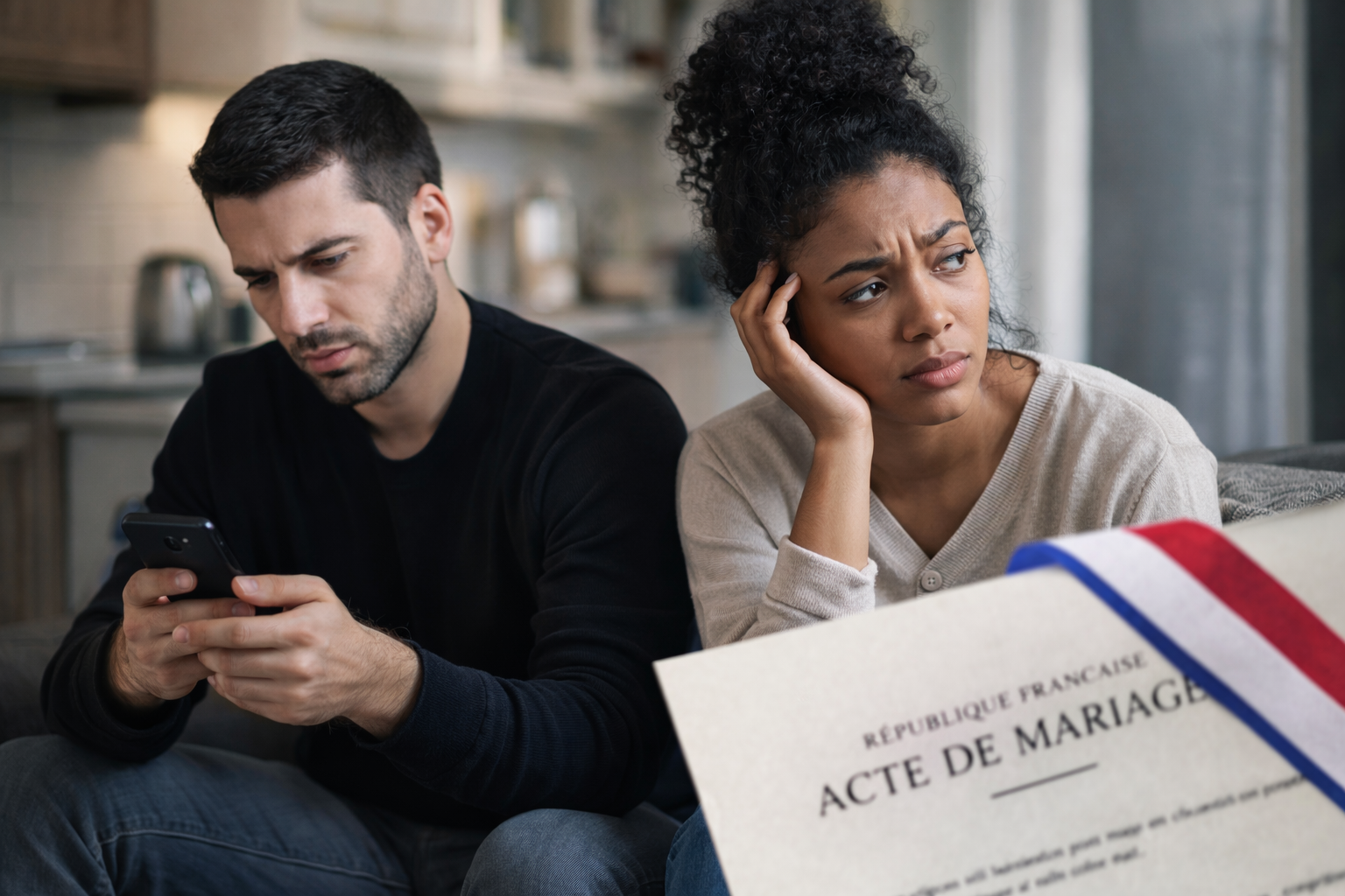 Couple en tension après un mariage gris, suspicion de fraude sentimental
