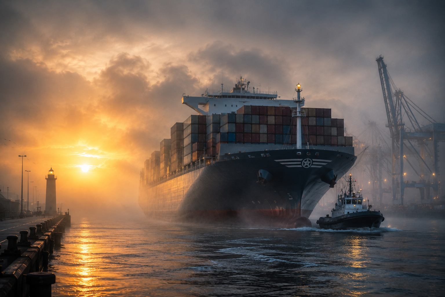 Port brumeux au lever du soleil