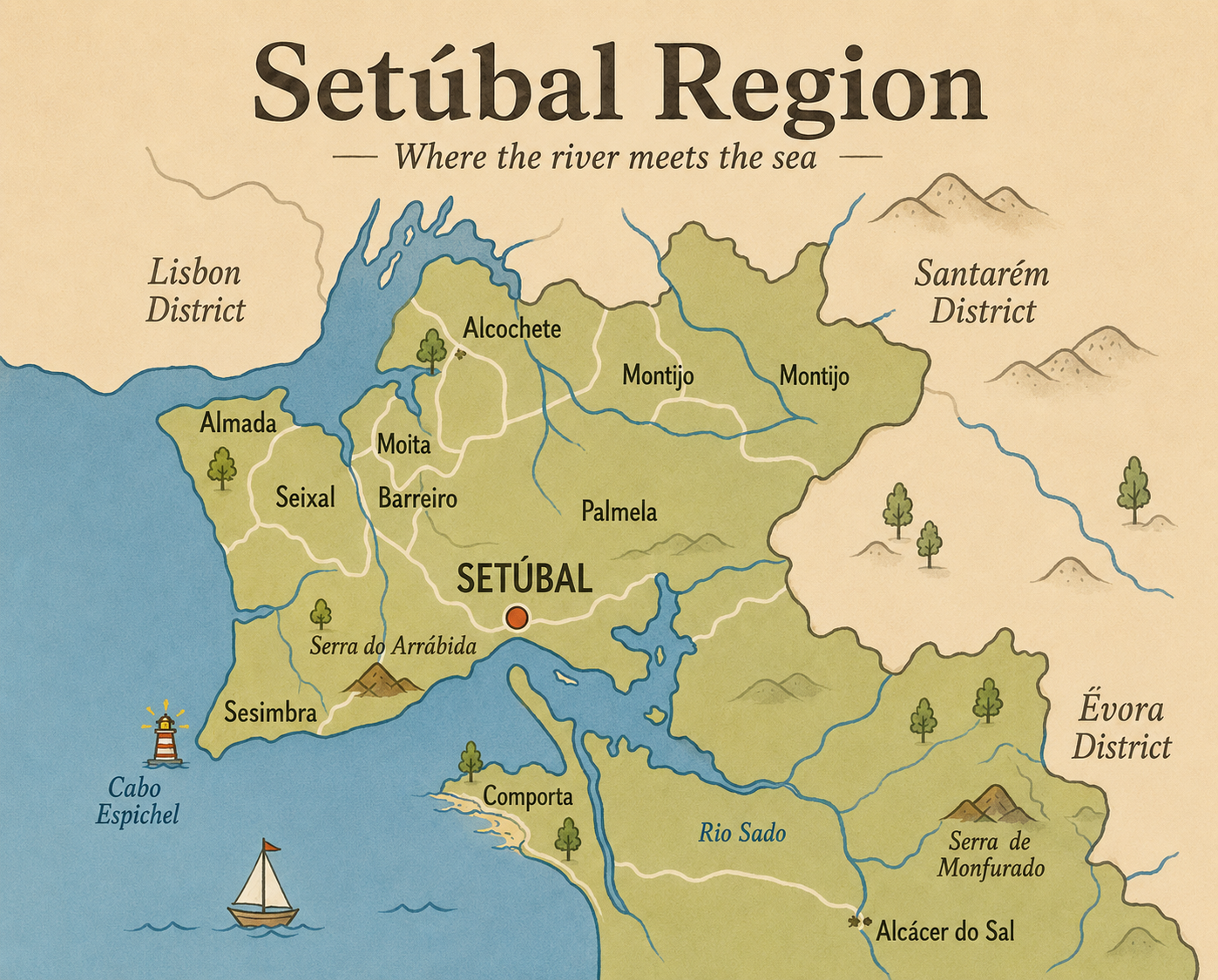 Setúbal Region map: Illustrated map of Portugal's Setúbal region, from the Almada and Barreiro suburbs across the Sado estuary to Setúbal, Sesimbra, the Arrábida hills and Comporta.