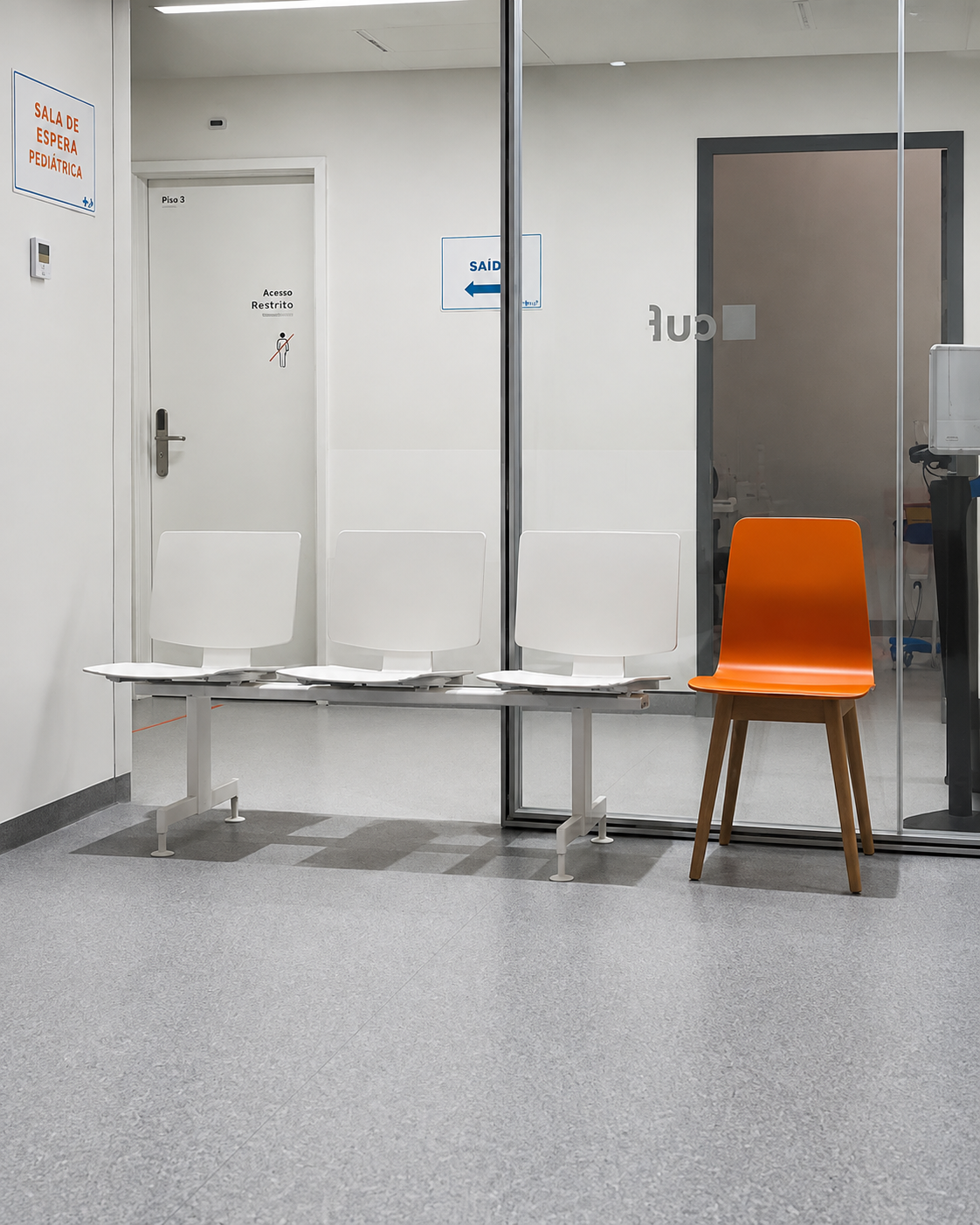 An empty private care waiting room in Portugal, used to illustrate the limited availability of doctors under insurance agreements and the strain patients face when trying to access specialist care.