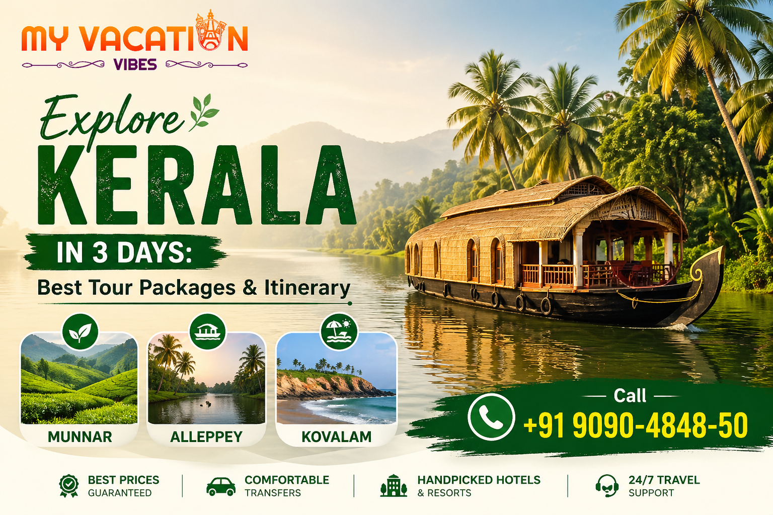Tour ad for Kerala with a houseboat on a tranquil river, lush greenery, and "Explore Kerala in 3 Days" text. Includes images of Munnar, Alleppey, Kovalam.