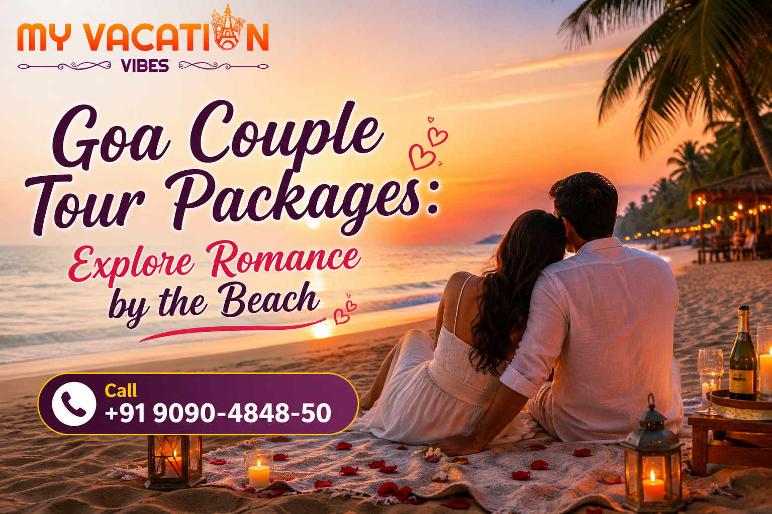 Couple on beach at sunset with candles and wine. Text: 