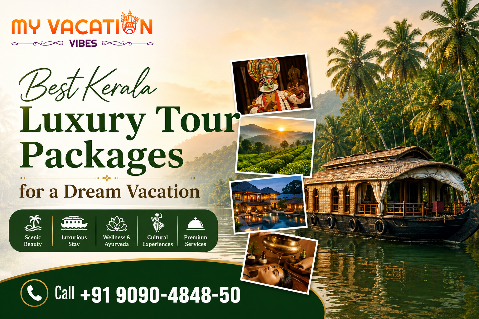 Luxury tour package ad for Kerala. Features a houseboat, palm trees, lush landscapes, cultural images, and contact number +91 9090-4848-50.
